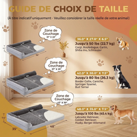 Une infographie en français pour aider à choisir la taille d'un lit pour chien orthopédique. Le titre principal est "GUIDE DE CHOIX DE TAILLE" avec le sous-titre "(À titre indicatif uniquement - Veuillez considérer la taille réelle de votre animal)". Trois lits pour chiens gris avec des renforts sont affichés sur la gauche, du plus petit au plus grand, avec des sections découpées montrant la mousse d'œuf. Sur la droite, des panneaux d'information décrivent chaque taille. Le petit lit mesure 36.0" X 27.0" X 