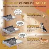 Une infographie en français pour aider à choisir la taille d'un lit pour chien orthopédique. Le titre principal est "GUIDE DE CHOIX DE TAILLE" avec le sous-titre "(À titre indicatif uniquement - Veuillez considérer la taille réelle de votre animal)". Trois lits pour chiens gris avec des renforts sont affichés sur la gauche, du plus petit au plus grand, avec des sections découpées montrant la mousse d'œuf. Sur la droite, des panneaux d'information décrivent chaque taille. Le petit lit mesure 36.0" X 27.0" X 