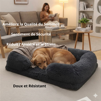 Grand chien noir endormi sur un panier bleu moelleux - améliore le sommeil, réduit l'anxiété et le stress, sentiment de sécurité.