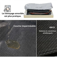 Détail technique du panier orthopédique : housse déhoussable et lavable en machine, couche imperméable protégeant la mousse, et fond antidérapant 600D pour une utilisation sécurisée sur tous types de sols
