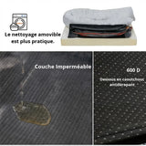 Détail technique du panier orthopédique : housse déhoussable et lavable en machine, couche imperméable protégeant la mousse, et fond antidérapant 600D pour une utilisation sécurisée sur tous types de sols