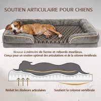 American Staffordshire endormi dans un panier orthopédique gris avec mousse alvéolée à mémoire de forme visible - schéma illustrant le soutien de la colonne vertébrale et la réduction des douleurs articulaires