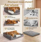 Infographie comparative intitulée « Pourquoi nous choisir ? ». À gauche, la marque Aero:luxe montre un Golden Retriever installé confortablement, mettant en avant le « Soutien L : Cou & Colonne » et « Un Seul Côté : Plus d'Espace ». À droite, la section « Autres » illustre avec des photos en noir et blanc les défauts des lits concurrents : « Inconfort du Cou » et « Moins d'Espace Sommeil