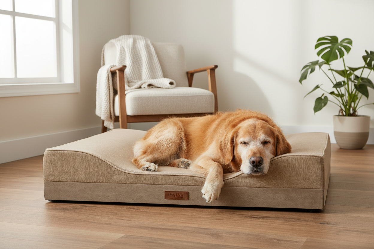 Chien sur panier orthopédique Happy Animalia