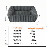 Guide des tailles du panier orthopédique Happy Animalia — tableau de mesures pour choisir la bonne taille selon le gabarit du chien.