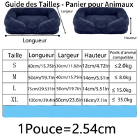 Tableau des tailles en français pour panier orthopédique d'animaux Happy Animalia, indiquant les dimensions en centimètres et le poids recommandé par taille du S au XL.