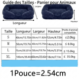 Tableau des tailles en français pour panier orthopédique d'animaux Happy Animalia, indiquant les dimensions en centimètres et le poids recommandé par taille du S au XL.