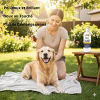 Happy Animalia 2-in-1 dog shampoo and conditioner for sensitive skin, leaves coat soft and shiny.