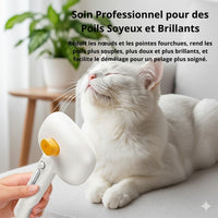 Happy Animalia 3-in-1 steam brush for cats and dogs, with integrated spray for hydration and detangling.