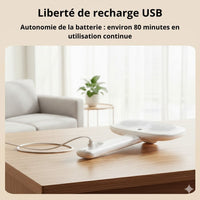 Happy Animalia white 3-in-1 steam pet grooming brush with USB charging cable on a wooden table.