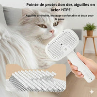 Happy Animalia white 3-in-1 steam pet grooming brush with integrated spray for dogs and cats.