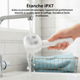 Happy Animalia white 3-in-1 steam pet grooming brush with integrated spray and self-cleaning function, IPX7 waterproof.
