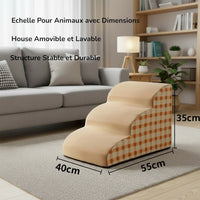 Happy Animalia beige 3-step dog ramp with non-slip surface and checkered sides. Ideal for elderly or injured dogs accessing furniture.