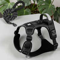 Happy Animalia black nylon anti-traction dog harness with integrated AirTag holder and reflective trim, includes matching leash.