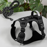 Happy Animalia black nylon anti-traction dog harness with integrated AirTag holder and reflective trim, includes matching leash.