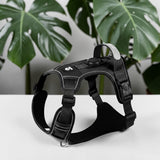 Happy Animalia black nylon anti-traction dog harness with integrated AirTag holder and reflective trim.