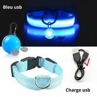 Happy Animalia blue LED dog collar with USB charging and reflective strip for night safety.