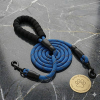 Happy Animalia blue braided nylon dog leash with padded handle and reflective strip for night walks.