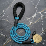 Laisse en nylon tressé bleu pour chien Happy Animalia avec poignée rembourrée et bande réfléchissante pour les promenades nocturnes en toute sécurité.