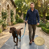 Happy Animalia blue braided nylon dog leash with padded handle and reflective strip, walking a chocolate lab.