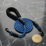 Happy Animalia blue braided nylon dog leash with padded handle and reflective strip for night walks.