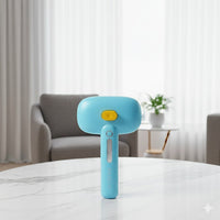 Happy Animalia blue 3-in-1 steam pet grooming brush with yellow button and spray function