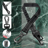 Happy Animalia black nylon adjustable dog car seat belt with elastic shock absorption and sturdy carabiner clip.