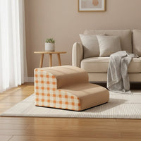 Happy Animalia beige two-step dog ramp with orange and white plaid sides for elderly or arthritic dogs.