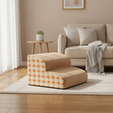 Happy Animalia beige two-step dog ramp with orange and white plaid sides for elderly or arthritic dogs.