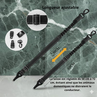 Happy Animalia black adjustable nylon dog seatbelt with shock-absorbing elastic and sturdy carabiner for car travel.