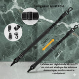 Happy Animalia black adjustable nylon dog seatbelt with shock-absorbing elastic and sturdy carabiner for car travel.