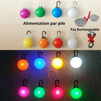 Happy Animalia LED dog collar pendant in pink, green, blue, white, yellow, orange, and red for night safety. Rechargeable and waterproof.