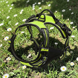 Happy Animalia anti-traction dog harness in lime green and black, with reflective strips and padded chest.
