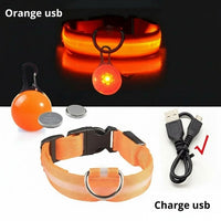 Happy Animalia orange LED dog collar with USB charging and multiple light modes for night safety.