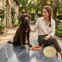 Happy Animalia orange reflective dog leash with padded handle and metal clasp, shown with a chocolate lab and owner.