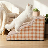 Happy Animalia beige and orange plaid pet stairs with non-slip surface for dogs and cats.