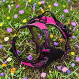 Happy Animalia pink and black anti-traction dog harness with adjustable straps and padded chest for comfort and control.
