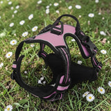 Happy Animalia pink and black anti-traction dog harness with reflective trim and padded straps.