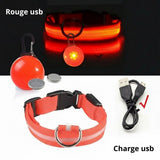 Happy Animalia red LED dog collar with reflective stripes, USB rechargeable, and waterproof for night walks.