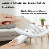 Happy Animalia white 3-in-1 steam pet grooming brush with self-cleaning button, removing pet hair.