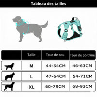 Happy Animalia teal dog harness with integrated AirTag holder and reflective strips, adjustable straps, and padded chest.