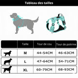 Happy Animalia teal dog harness with integrated AirTag holder and reflective strips, adjustable straps, and padded chest.
