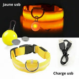 Happy Animalia yellow LED dog collar with USB charging and reflective strip for night safety.