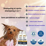 Happy Animalia 2-in-1 dog shampoo and conditioner for sensitive skin, hypoallergenic, natural ingredients, no parabens or sulfates.