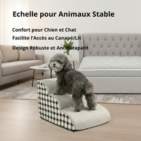 Happy Animalia beige pet steps with black and white checkered sides, ideal for elderly dogs accessing furniture.