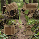Harnais tactique beige sable Happy Animalia pour grand chien — vues de face, dos et profil, posé sur un tronc et un sentier en forêt.