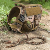 Harnais tactique camouflage Happy Animalia avec laisse bungee assortie, posés sur un sentier en forêt — kit complet pour grand chien.
