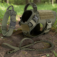 Kit complet Happy Animalia vert militaire : harnais tactique, collier et laisse bungee assortis, posés en forêt pour grand chien.