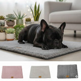 Bouledogue français noir endormi sur le lit orthopédique gris Happy Animalia, avec les 3 coloris disponibles : rose, beige et gris, fond salon lumineux.