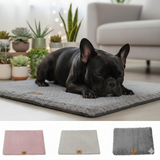 Bouledogue français noir endormi sur le lit orthopédique gris Happy Animalia, avec les 3 coloris disponibles : rose, beige et gris, fond salon lumineux.